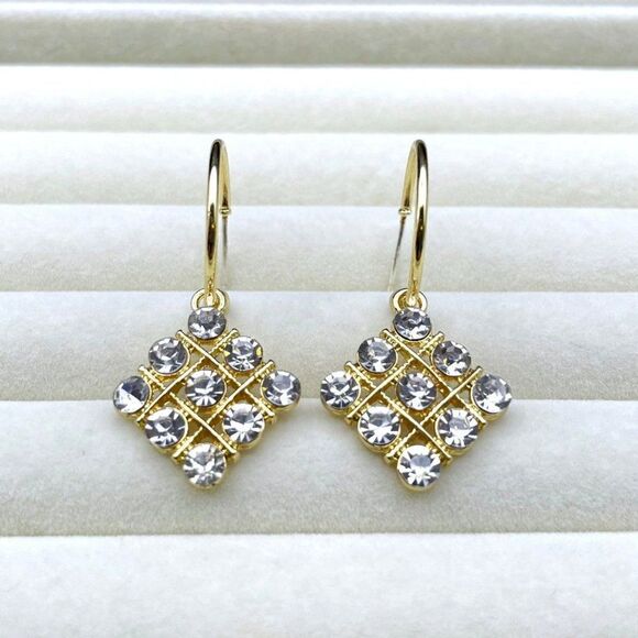 Yellow Gold with White Diamond Crystal Rhombus Dangling Hoop Post Back Earrings - Picture 4 of 9